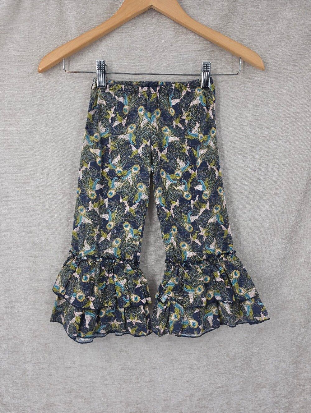 Giggle Moon Navy with Green Pink Peacock Feather Print Ruffle Ankle Pants